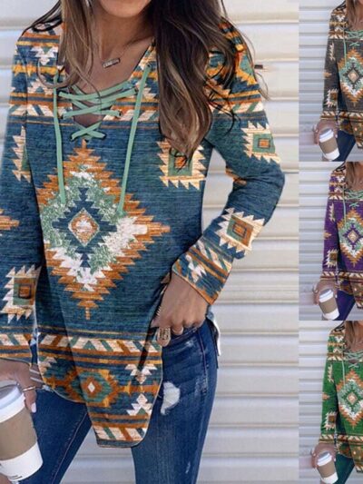 Western Print Lace-up Blouse