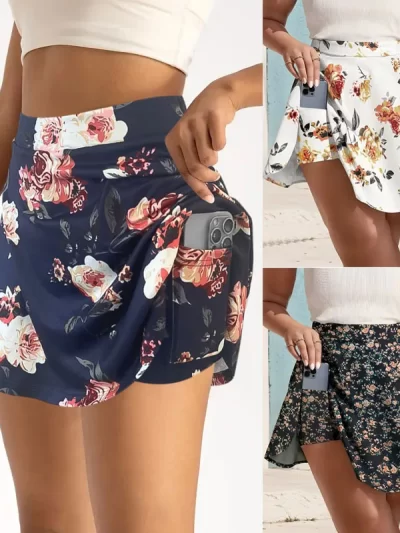 European and American cross-border floral print skirt women's summer high-waisted pleated sports skirt Pockets flared