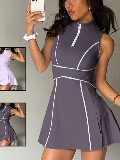 New Women Tennis Dress Polo Collar Zipper Neckline Yoga Golf Dress Lady Breathable Badminton Gym Skirt Quick-Dry Sport Skorts