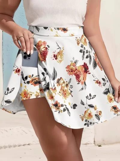 European and American cross-border floral print skirt women's summer high-waisted pleated sports skirt Pockets flared