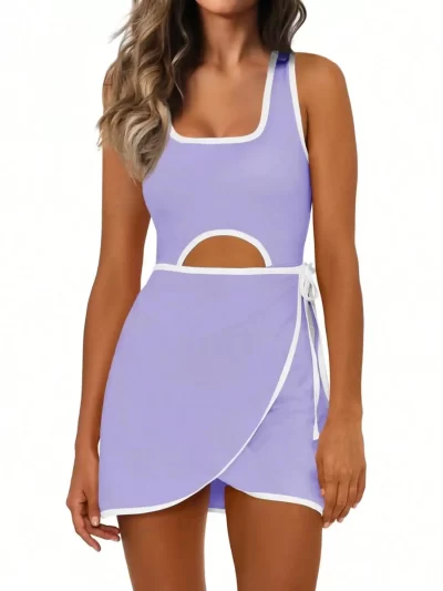 Fisoew Womens Workout Sport  Dress with Built in Shorts and Bra Sleeveless Cutout Wrap Tie Waist