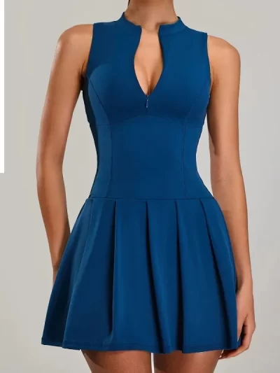 Women Sleeveless Zipper Sport Dress Pleated Flare skirt, Waist-Cinching Push-Up Sportswear Built-in Shorts separate Athletic Skirt