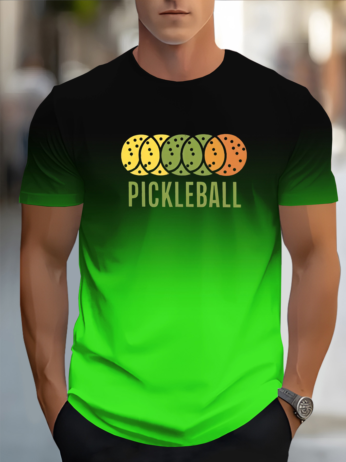 Men's 3D Pickleball-Themed T-Shirt with Neon Green/Yellow/Pickle Print - Casual Sportswear & Casual Attire, Breathable Round Neck Short Sleeve Tee forPlayers and Fans - Image 2