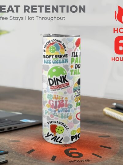 Pickleball-Themed Insulated Tumbler, 20oz Stainless Steel Water Bottle with Lid and Straw, Double-Wall Vacuum Hot/Cold Beverages, Portable