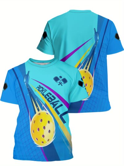 Men'S Digital Print T-Shirt, Trendy Crew Neck Short Sleeve Top, Fashionable Summer Pickleball Design, Light Blue Background, Slight Stretch Fabric Casual Wear