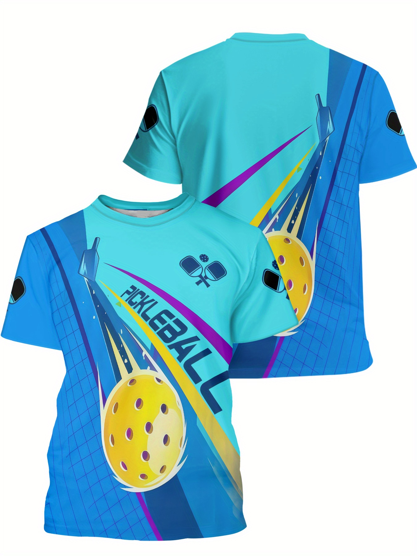 Men'S Digital Print T-Shirt, Trendy Crew Neck Short Sleeve Top, Fashionable Summer Pickleball Design, Light Blue Background, Slight Stretch Fabric Casual Wear