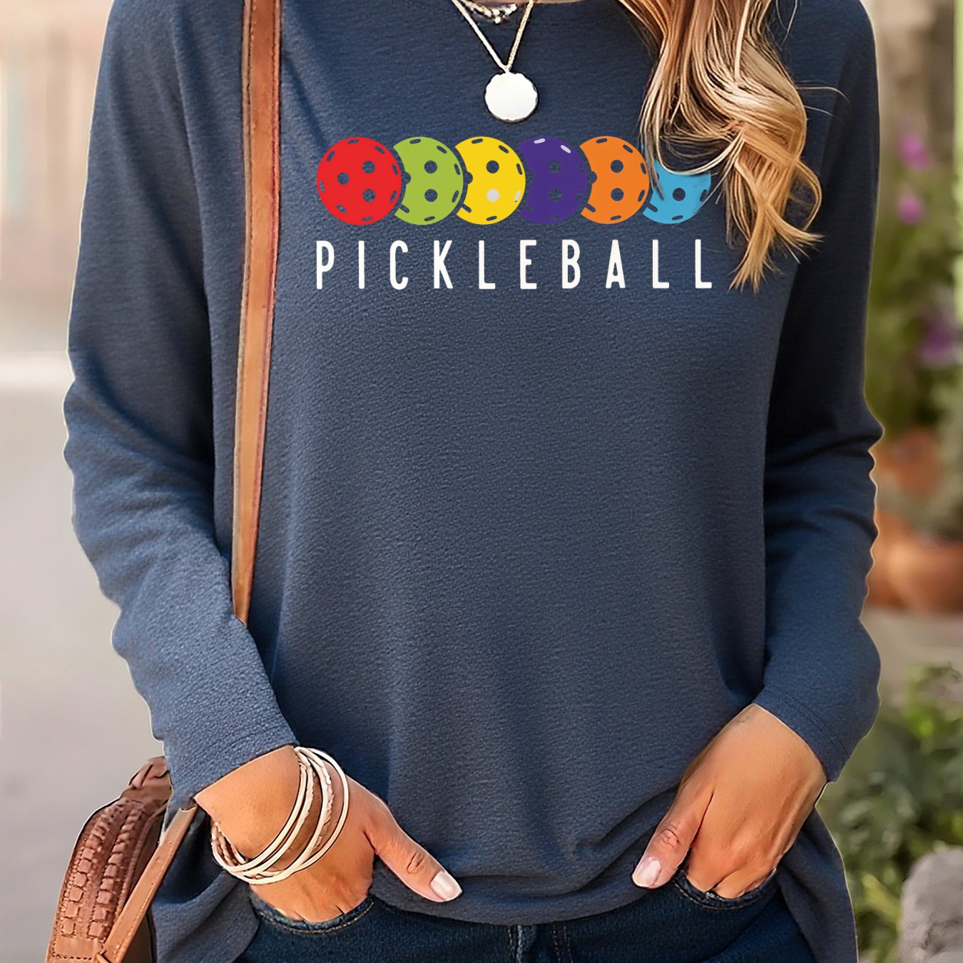 Women's Pickleball-Themed Long Sleeve Shirt - Multicolor Balls, Stretch Casual Top, Crew Neck, Soft S-XXL - Image 15