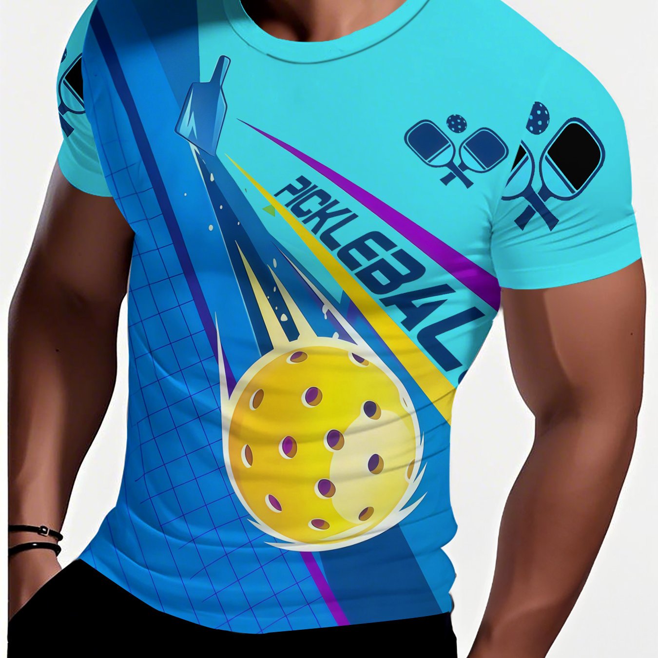 Men'S Digital Print T-Shirt, Trendy Crew Neck Short Sleeve Top, Fashionable Summer Pickleball Design, Light Blue Background, Slight Stretch Fabric Casual Wear - Image 7