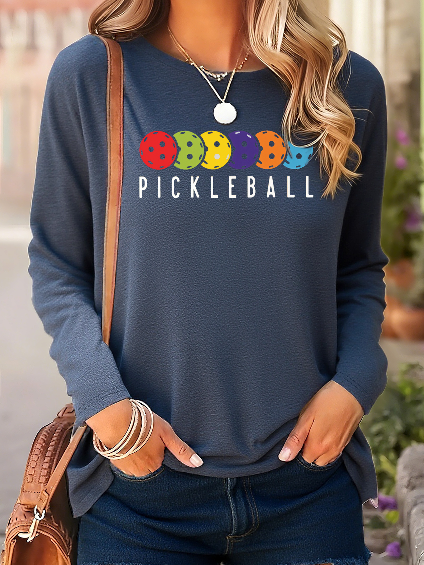 Women's Pickleball-Themed Long Sleeve Shirt - Multicolor Balls, Stretch Casual Top, Crew Neck, Soft S-XXL - Image 3