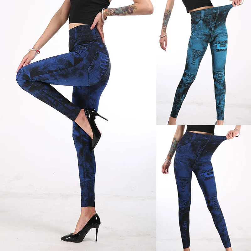 2025 High Waist Elastic Sli,m Fit Vintage Pattern Leggings Sport Faux Denim Leggings - Image 6