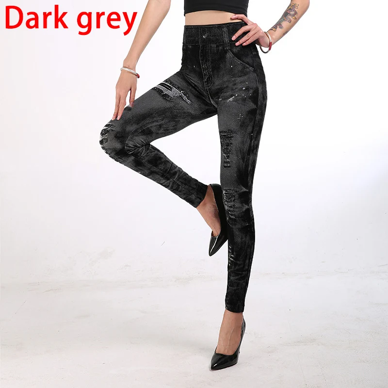 2025 High Waist Elastic Sli,m Fit Vintage Pattern Leggings Sport Faux Denim Leggings - Image 9