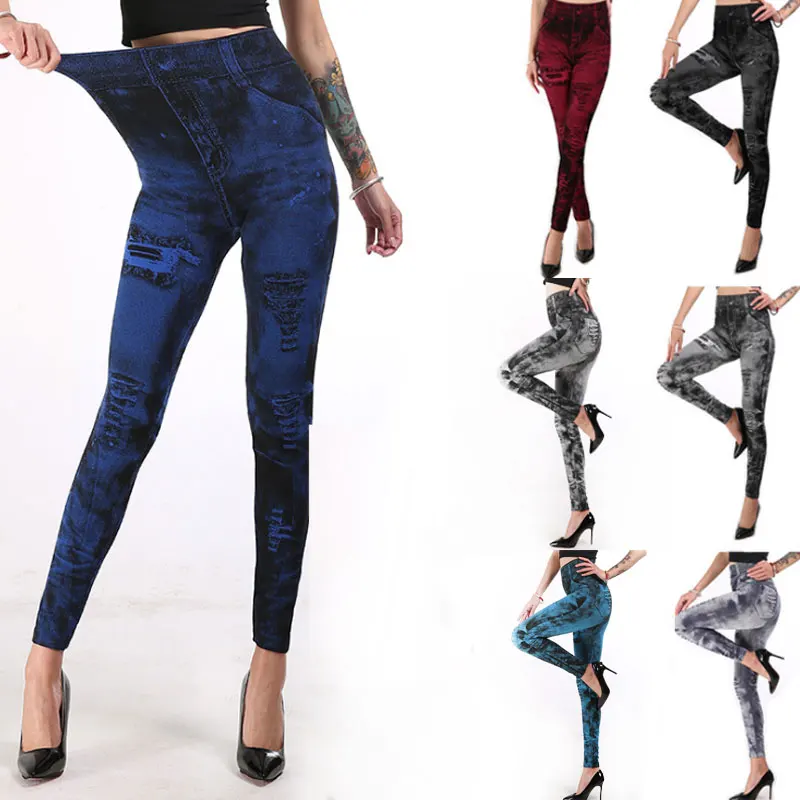 2025 High Waist Elastic Sli,m Fit Vintage Pattern Leggings Sport Faux Denim Leggings - Image 14