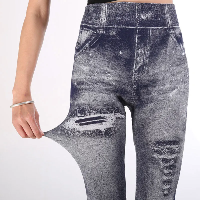 2025 High Waist Elastic Sli,m Fit Vintage Pattern Leggings Sport Faux Denim Leggings - Image 2