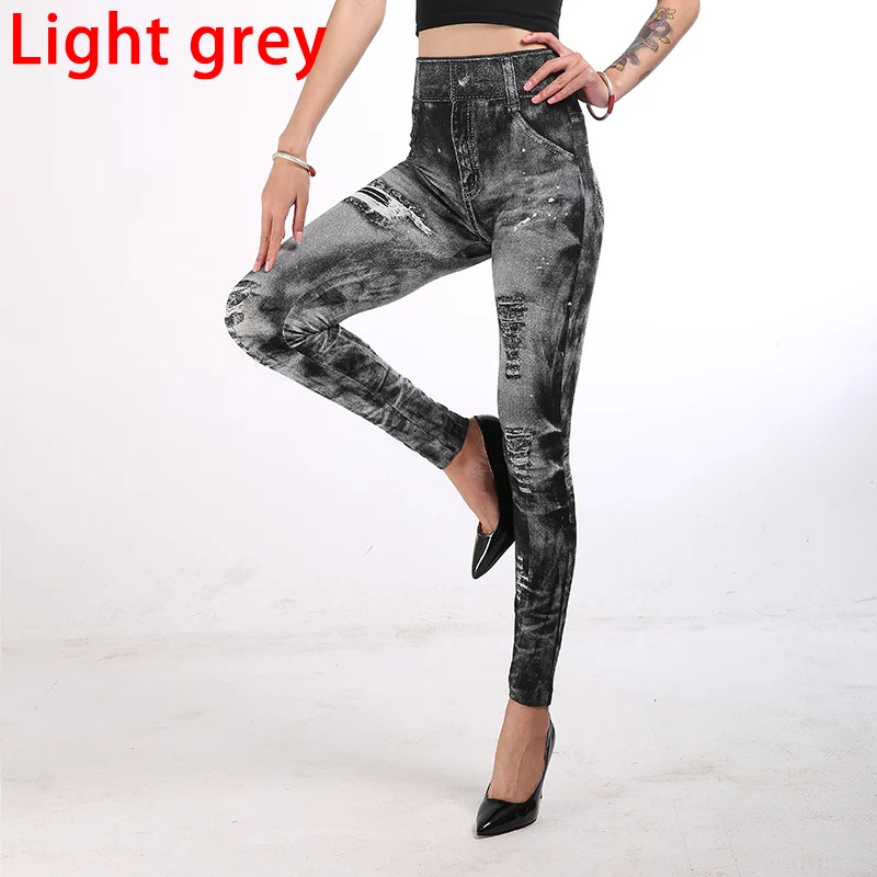 2025 High Waist Elastic Sli,m Fit Vintage Pattern Leggings Sport Faux Denim Leggings - Image 10