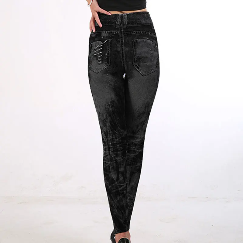 2025 High Waist Elastic Sli,m Fit Vintage Pattern Leggings Sport Faux Denim Leggings - Image 15