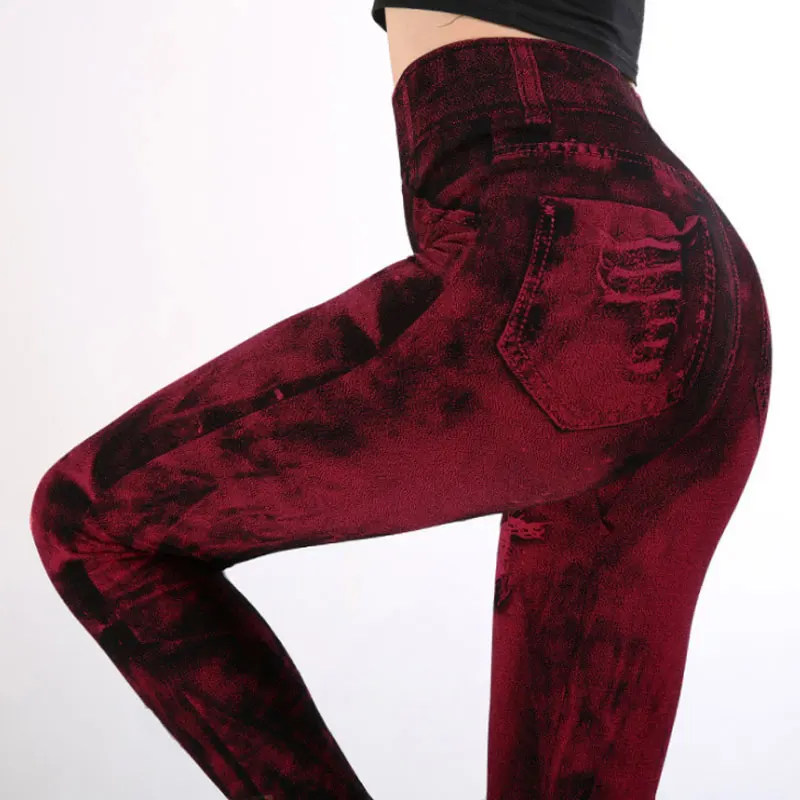 2025 High Waist Elastic Sli,m Fit Vintage Pattern Leggings Sport Faux Denim Leggings - Image 16