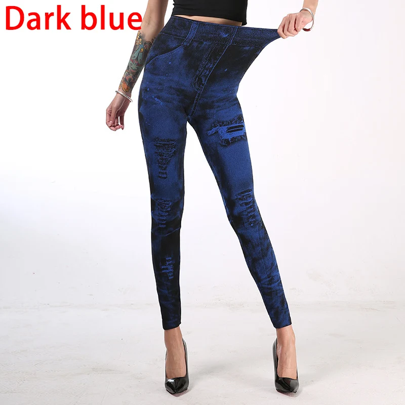 2025 High Waist Elastic Sli,m Fit Vintage Pattern Leggings Sport Faux Denim Leggings - Image 7