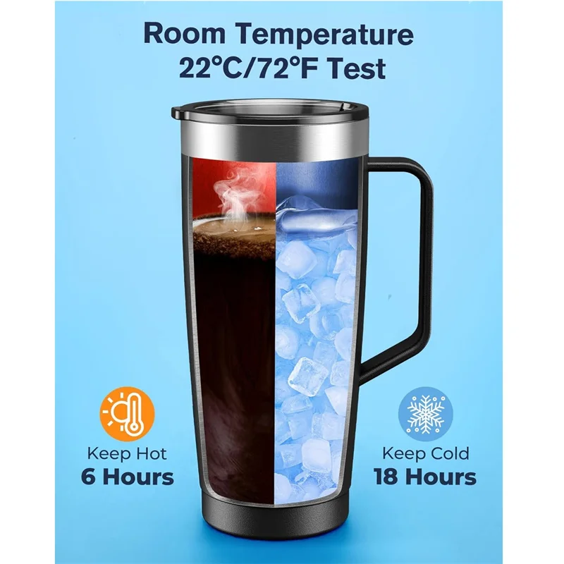 24oz Insulated Stainless Steel Travel Mug Lid Handle Hot Cold Double-Wall - Image 4