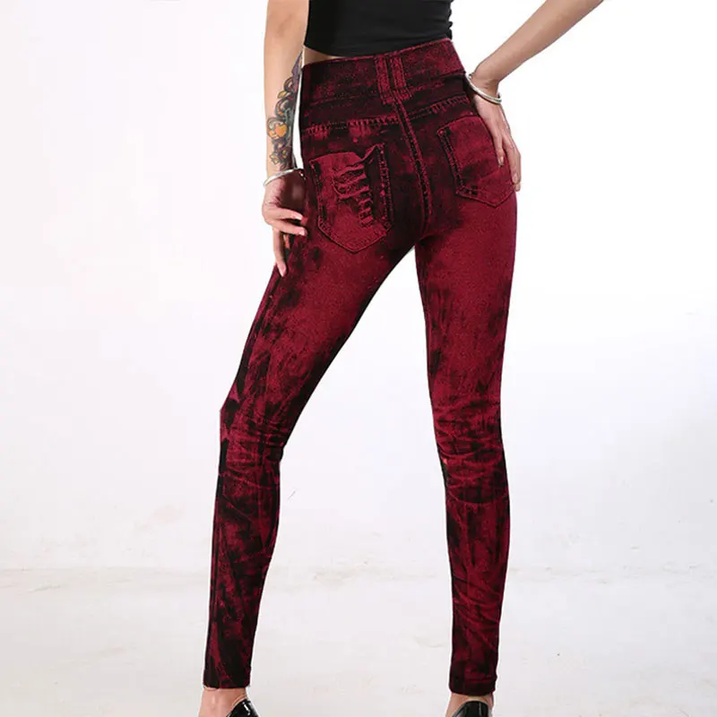 2025 High Waist Elastic Sli,m Fit Vintage Pattern Leggings Sport Faux Denim Leggings - Image 4