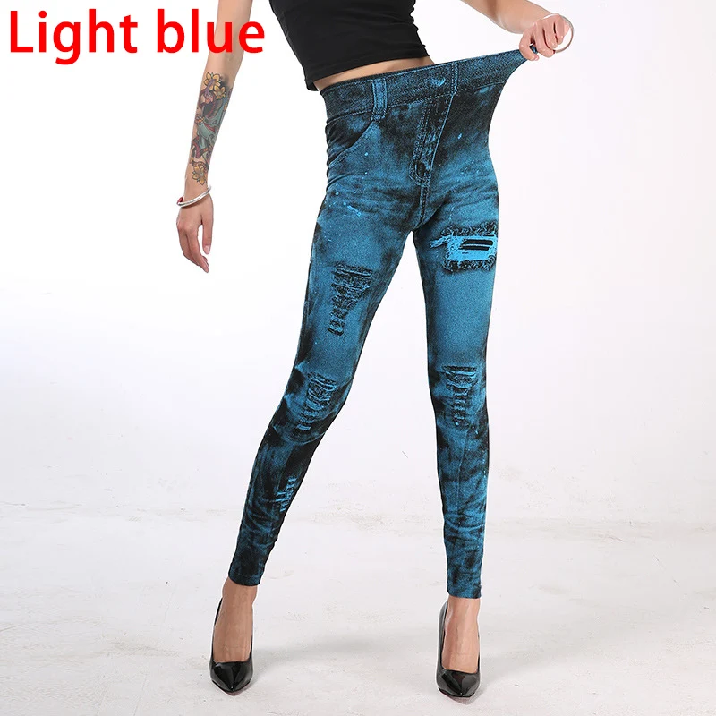 2025 High Waist Elastic Sli,m Fit Vintage Pattern Leggings Sport Faux Denim Leggings - Image 11