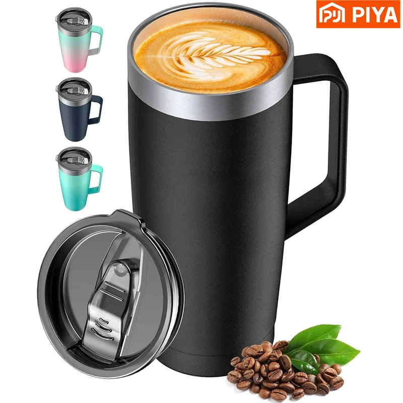 24oz Insulated Stainless Steel Travel Mug Lid Handle Hot Cold Double-Wall - Image 2