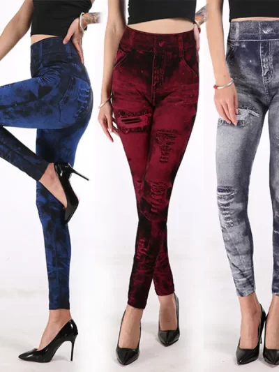 2025 High Waist Elastic Sli,m Fit Vintage Pattern  Leggings Sport Faux Denim Leggings