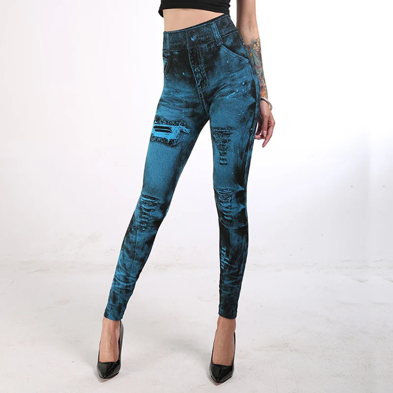 2025 High Waist Elastic Sli,m Fit Vintage Pattern Leggings Sport Faux Denim Leggings - Image 3