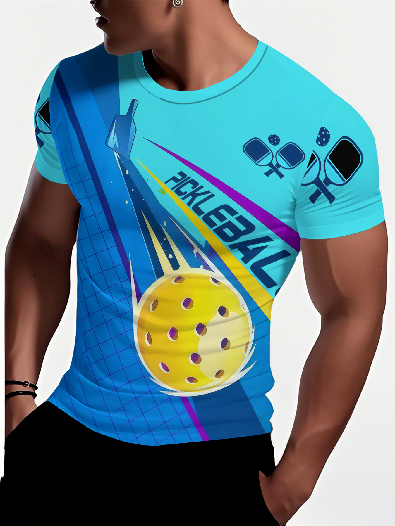 Men'S Digital Print T-Shirt, Trendy Crew Neck Short Sleeve Top, Fashionable Summer Pickleball Design, Light Blue Background, Slight Stretch Fabric Casual Wear - Image 2
