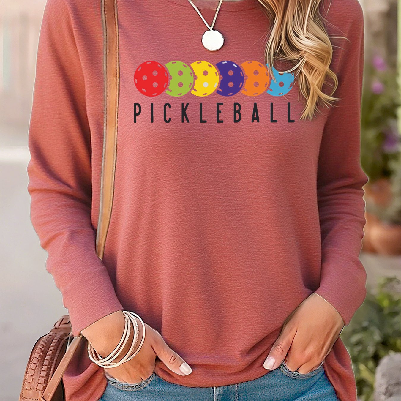 Women's Pickleball-Themed Long Sleeve Shirt - Multicolor Balls, Stretch Casual Top, Crew Neck, Soft S-XXL - Image 12