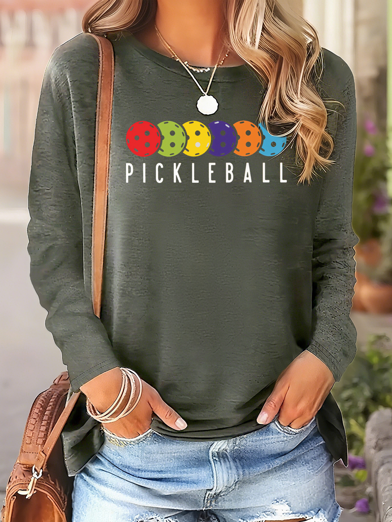 Women's Pickleball-Themed Long Sleeve Shirt - Multicolor Balls, Stretch Casual Top, Crew Neck, Soft S-XXL - Image 4